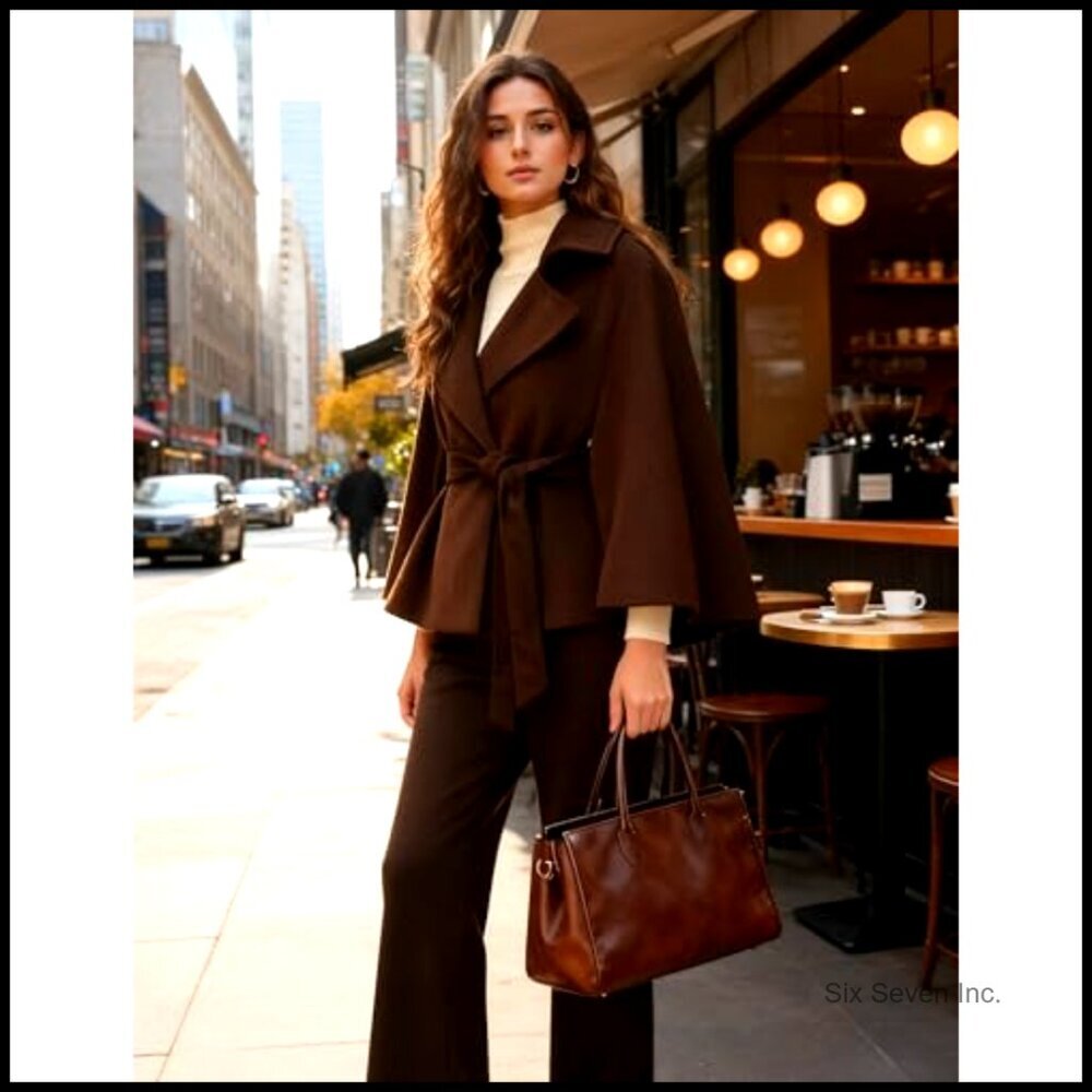 Wool Blend Cape Jacket with Belt Batwing Sleeve Poncho Pea Coat - Picture 2 of 7